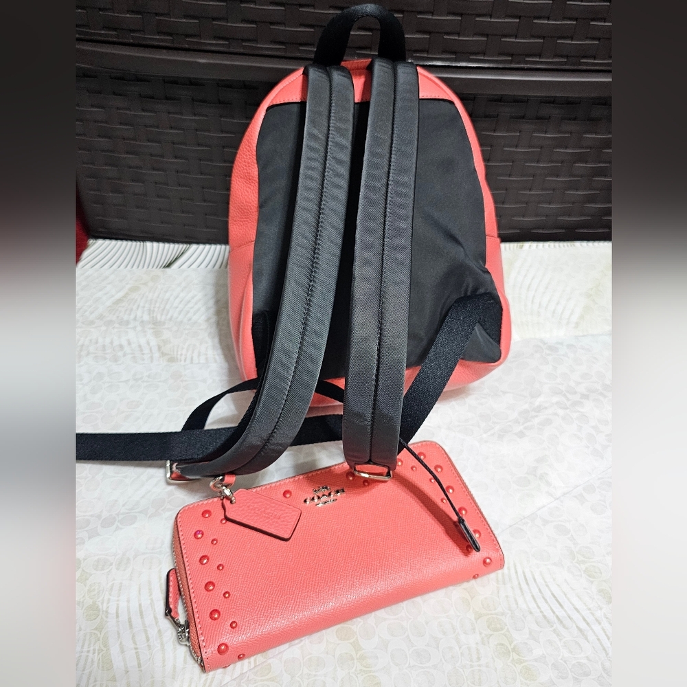 Coach Charlie Mini Coral Leather Backpack & Matching Wallet Studs F45070 Silver - Picture 3 of 14